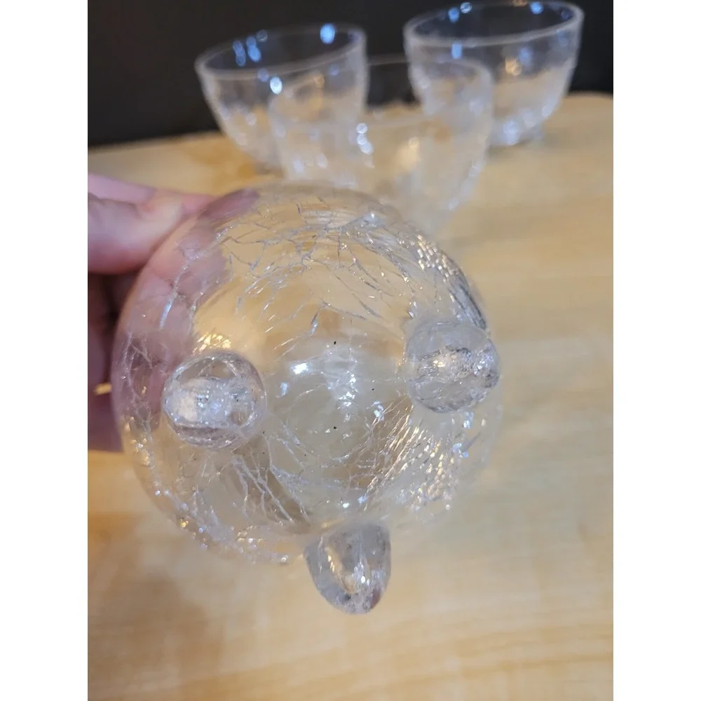 PIER 1 CLEAR CRACKLED GLASS FOOTED NUT BOWLS 3 3/4